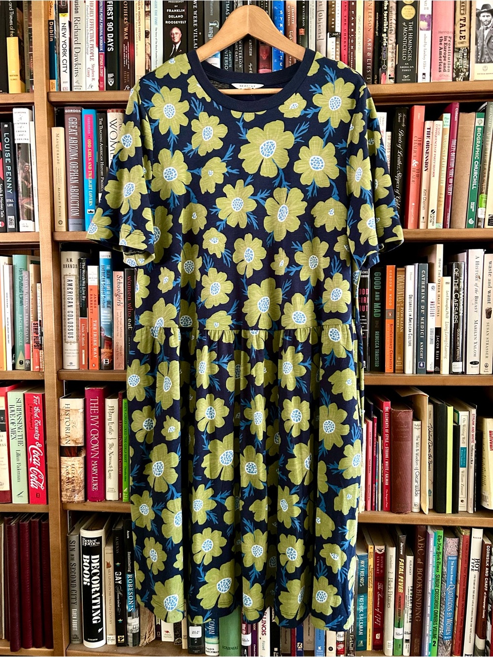 Seasalt Cornwall Navy Green Flowers Hellandbridge Jersey T-shirt Dress sz 14